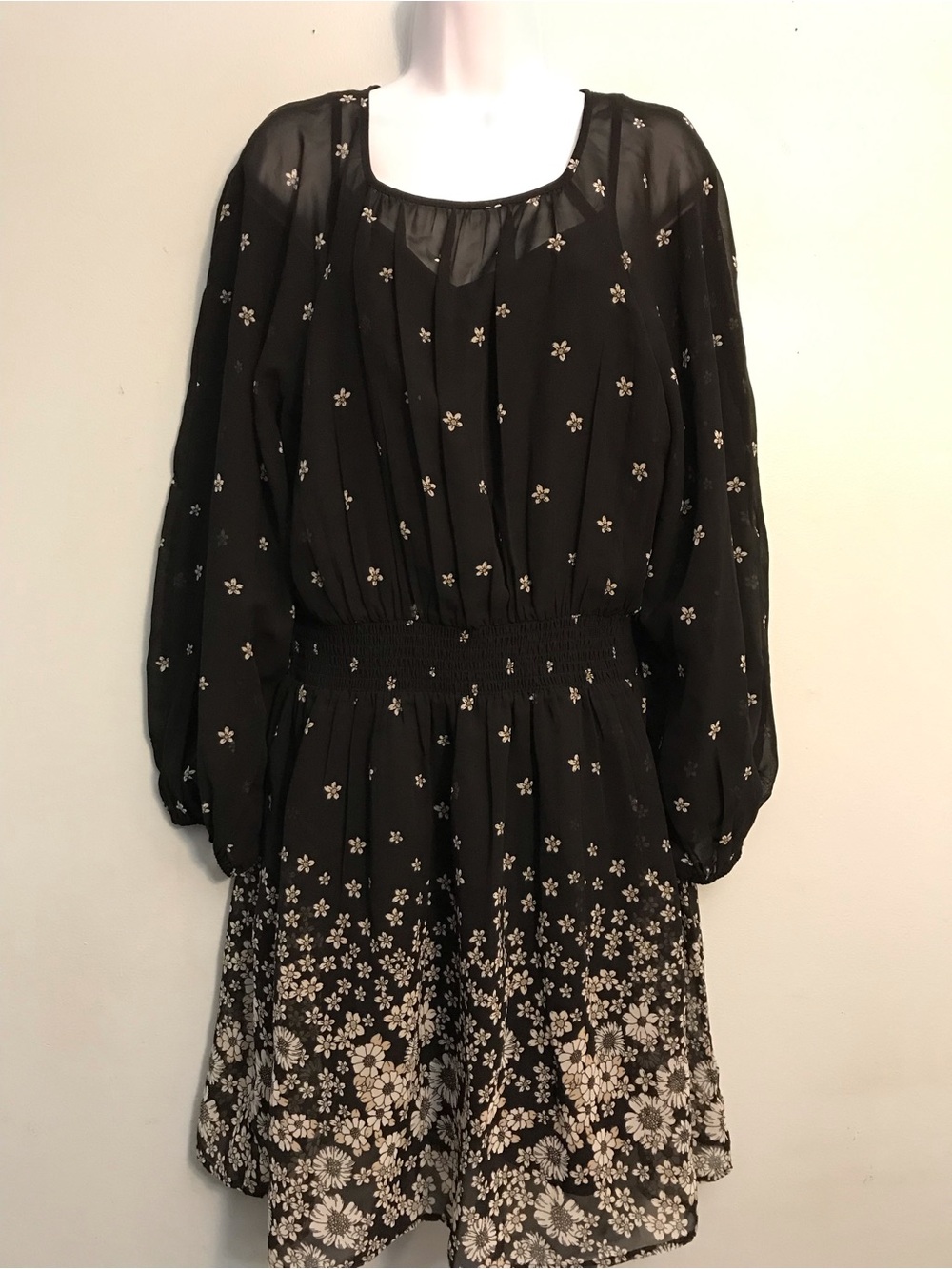 Tommy Hilfiger Black Long Sleeve Floral Smocked Waist Dress